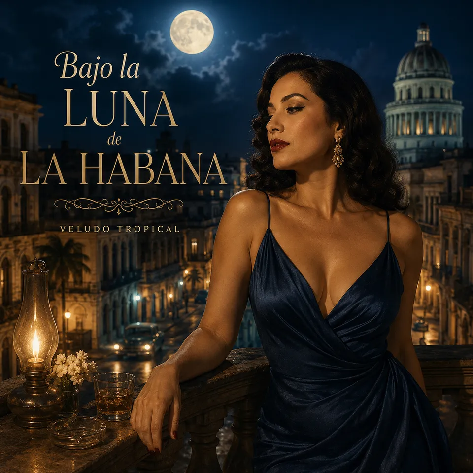 Portada oficial de Bajo la Luna de La Habana: una mujer de azul en un balcón de La Habana bajo la luna llena.